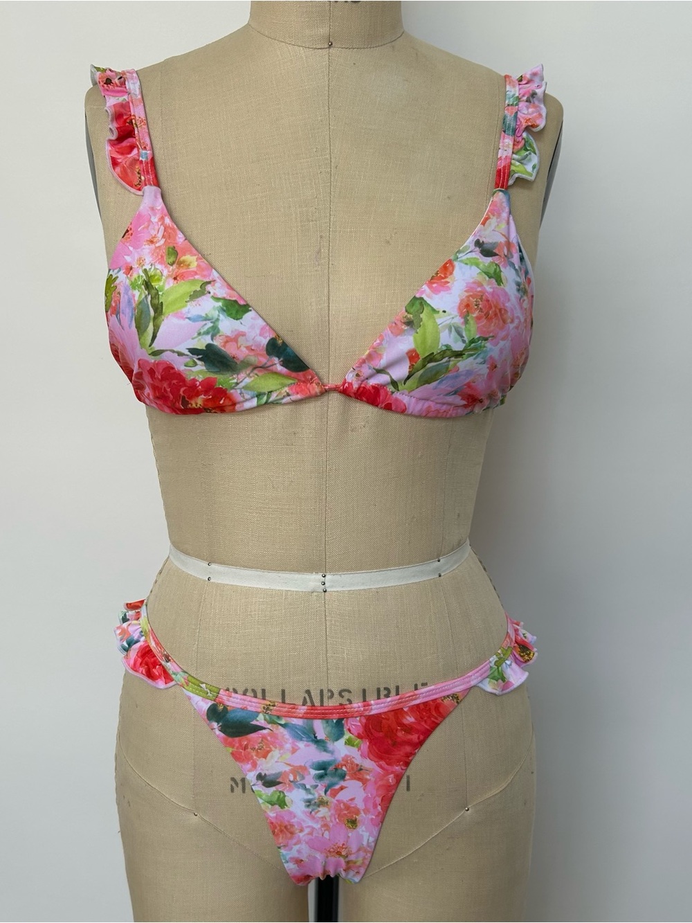 Floral Ruffle Triangle Bikini Top and Bottom in Pink